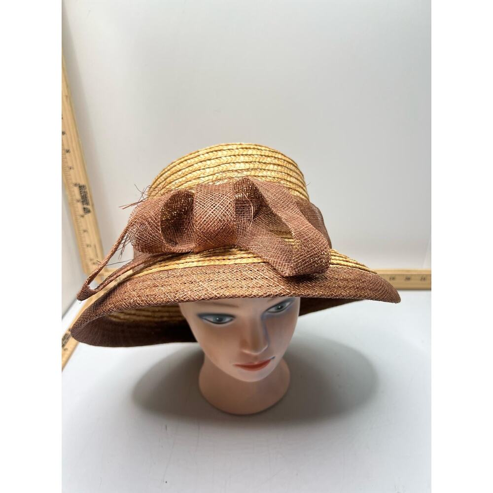 Floppy Sun Hat Women's Tan Brown Straw Mesh Metallic Bow Casual Summer Church